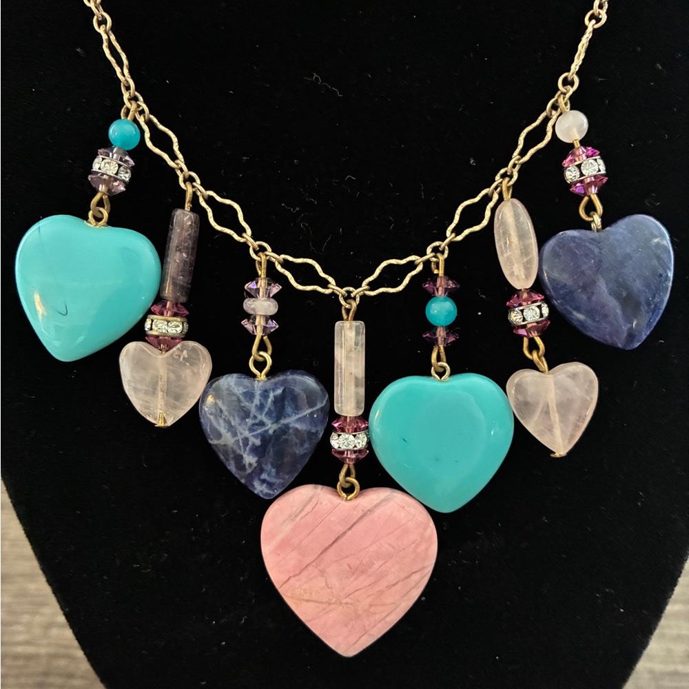 Vintage Hearts Crystal Necklace Semi Precious Stones